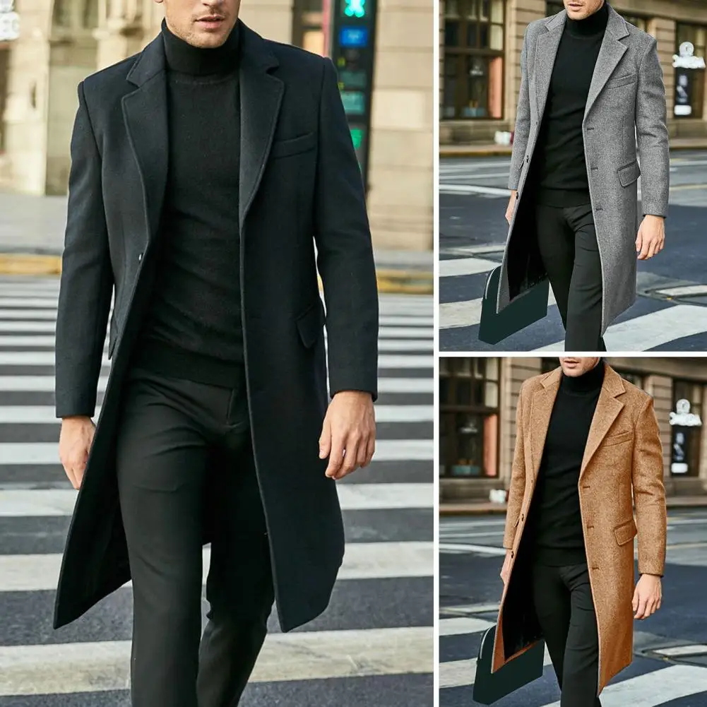 Three-button Coat Stylish Men's British Style Long Coat Warm Solid Color Windbreaker with Turn-down Collar Single-breasted