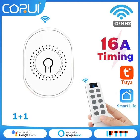 

CORUI 16A Tuya RF433MHZ Mini 2-Way On-off Switch+Wireless Remote Suit Timing Function DIY Smart Light Relay Breaker Alexa