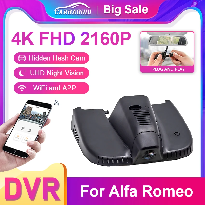 4K 2160P Plug And Play Car Dvr Wifi Dashcam Per Alfa Romeo Giulia Quadrifoglio Gta Veloce Stelvio Quadrifoglio 2015 2016-2024