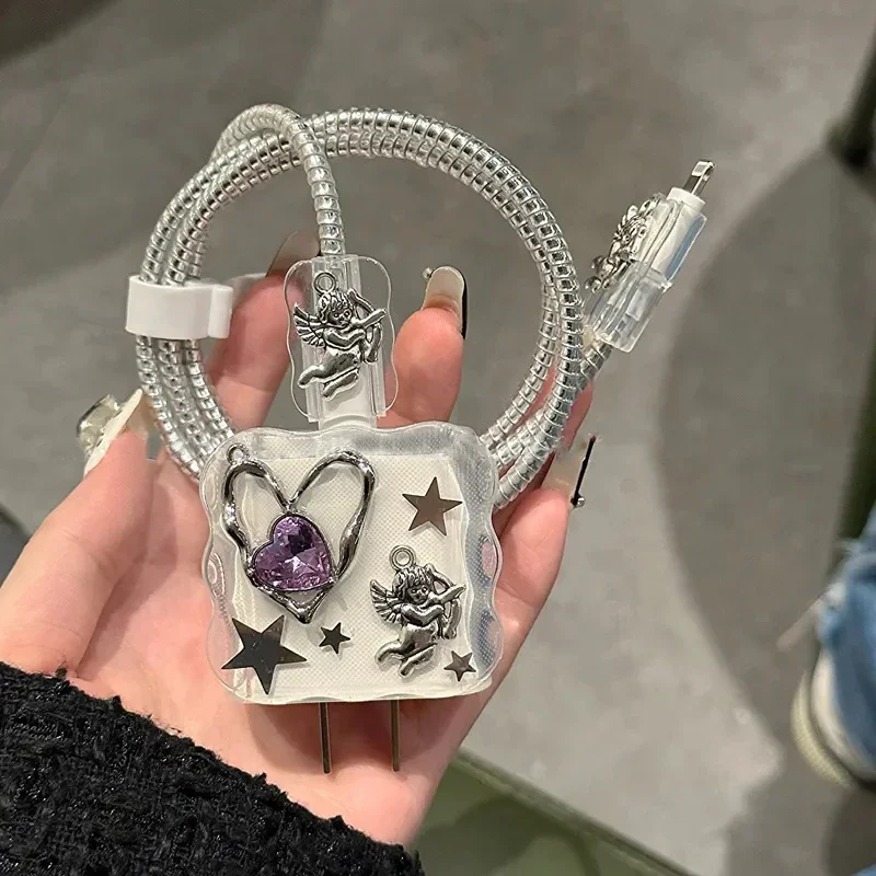 한국 귀여운 다이아몬드 러브 하트 엔젤 충전기 케이스 아이폰 11 12 13 14 15 18/20W 클리어 충전 보호 커버 충전기 슬..