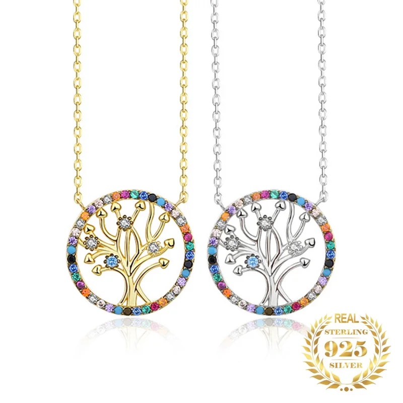 

Real 925 Sterling Silver INS Trendy Summer Colorful Zircon Tree Of Life Pendants Choker Necklaces for Women Party Luxury Jewelry