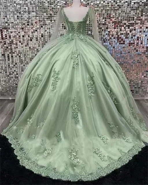 ANGELSBRIDEP Glittering Sage Green Quinceanera Dresses Flower Beading Lace Appliques Princess Birthday Party Vestidos De 15 Años 2