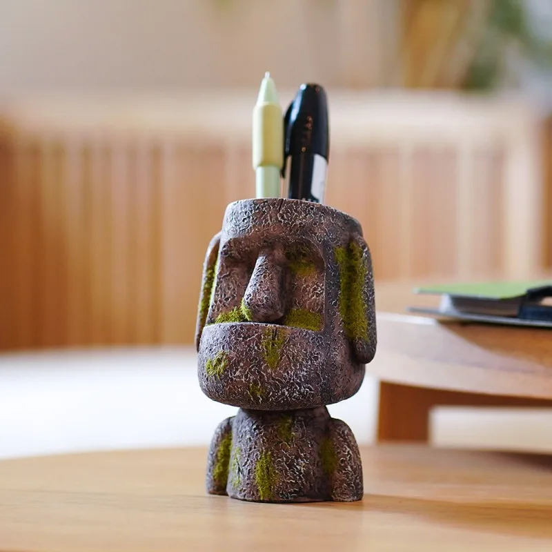 2024 New Hot Vintage Easter Island Stone Moai Portapenne Desktop Organizer Creative Home Decor Regalo Di Compleanno Decorazione Artigianato