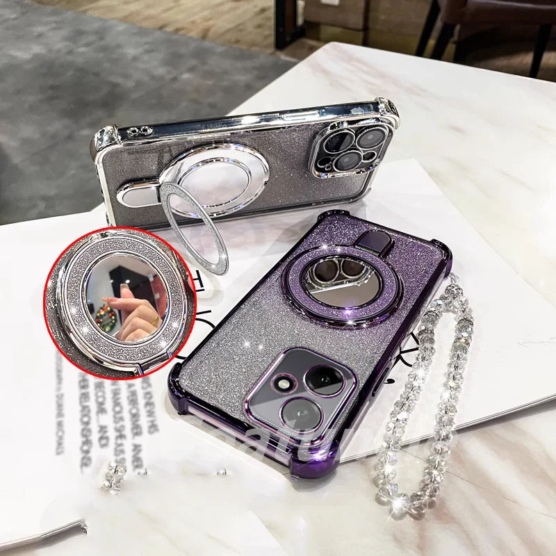 Glitter Plating Mirror Phone Case with Magnetic Holder and Bracelet Cover