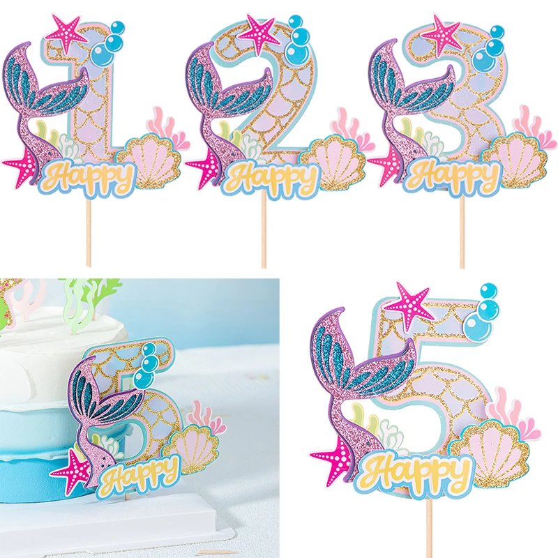 

Little Mermaid Party Decoration 0-9 Glitter Mermaid Tail Cake Topper Girls 1st Birthday Party Decor Under The Sea Party Supplies