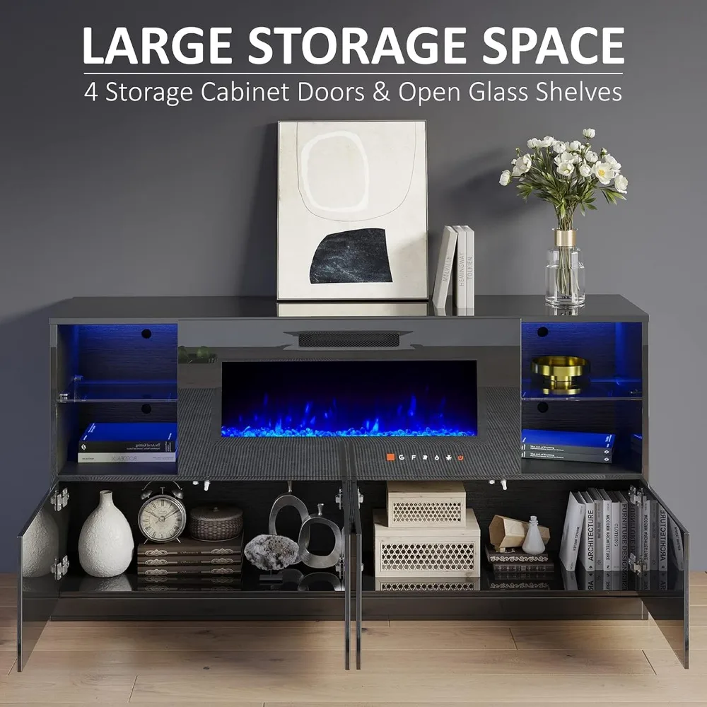 Fireplace TV Stand for TVs up to 75", Modern High Gloss Entertainment Center with 40" Fireplace, 4 Shelves & Storage Cabinets 3