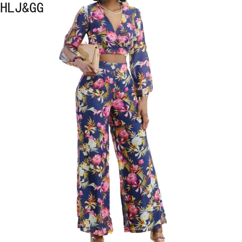 HLJ&GG Spring New Retro Flower Printing Wide Leg Pants Two Piece Sets Women V Neck Long Sleeve Crop Top And Pants Outfits 2024