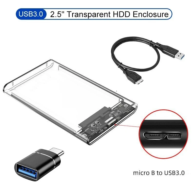 2.5'' External Hard Drive Enclosure USB 3.0 to SATA III Tool-Free Clear Hard Disk Case for 2.5 inch SATA HDD SSD Support UASP