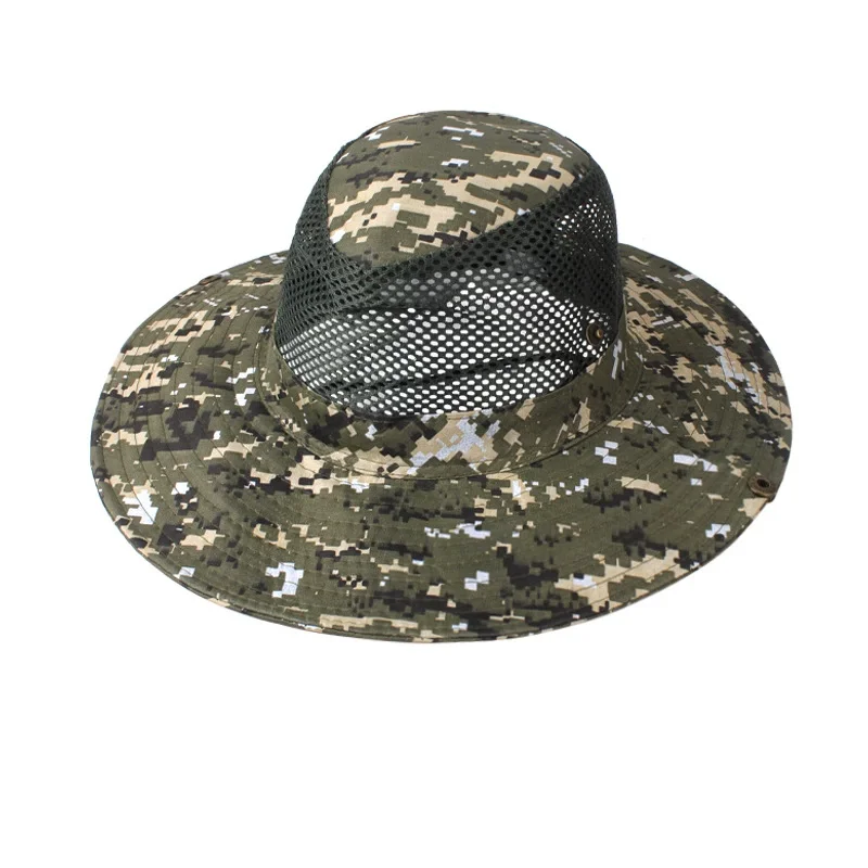 Outdoor Wide Brim Sun Cap Hunting Fishing Sunhat Hiking Mesh Breathable Camouflage Bucket Hat Man Sun Cap