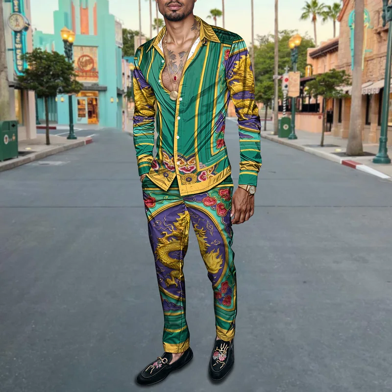 2025 Spring Summer Men Shirt Set Brand Print Fashion Printing Two Piece Set Mens Light Luxury Lightweight Party Long Sleeves_voghion.com