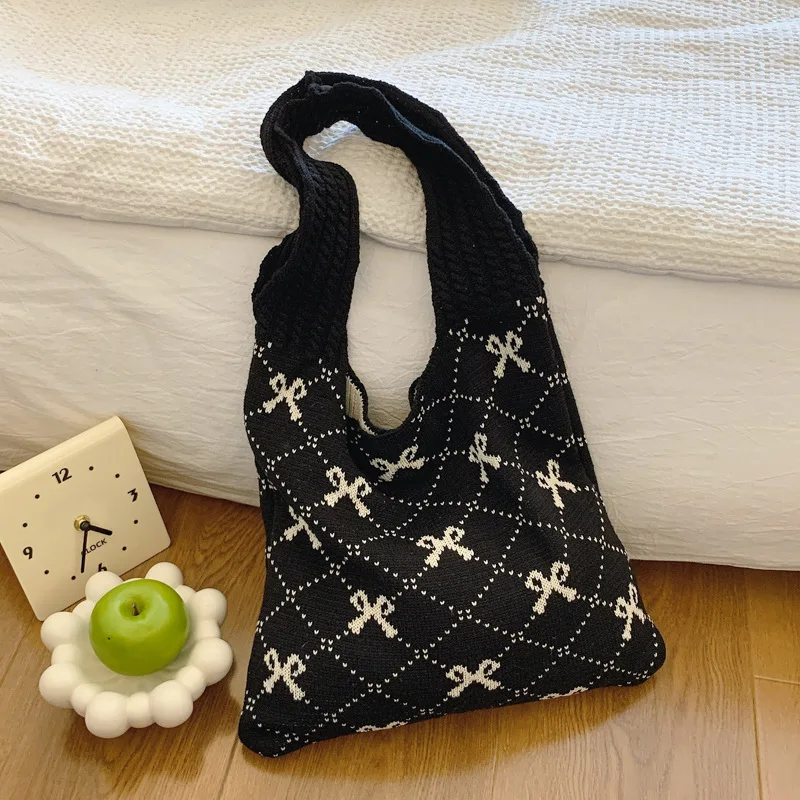 Women's Bow Knitted Eco Bag Korean Foldable Crochet Rope Shoulder Sweet Knitting Handbag Ins Tote Bag Shopper