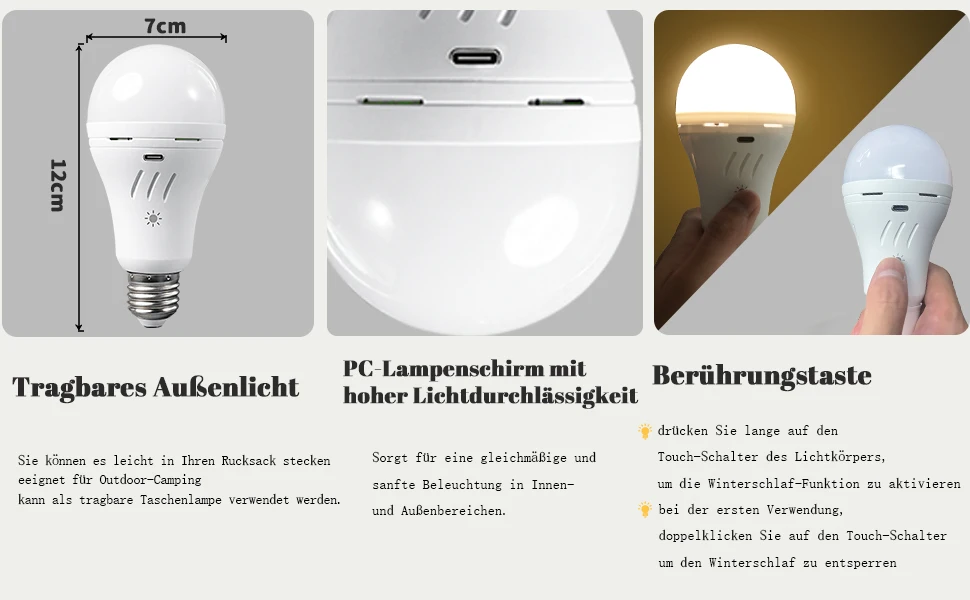 USB-C-Batterie, Fernbedienung, Glühbirne, E27, wiederaufladbare Timing-Glühbirne, 7 W, intelligente Batterie, 2200 mAh, geeignet für Zuhause – Detail 5