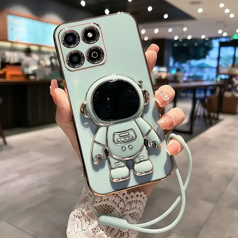 Luxury Electroplating Soft Silicone Astronaut Phone Case with Lanyard and Shockproof Bumper