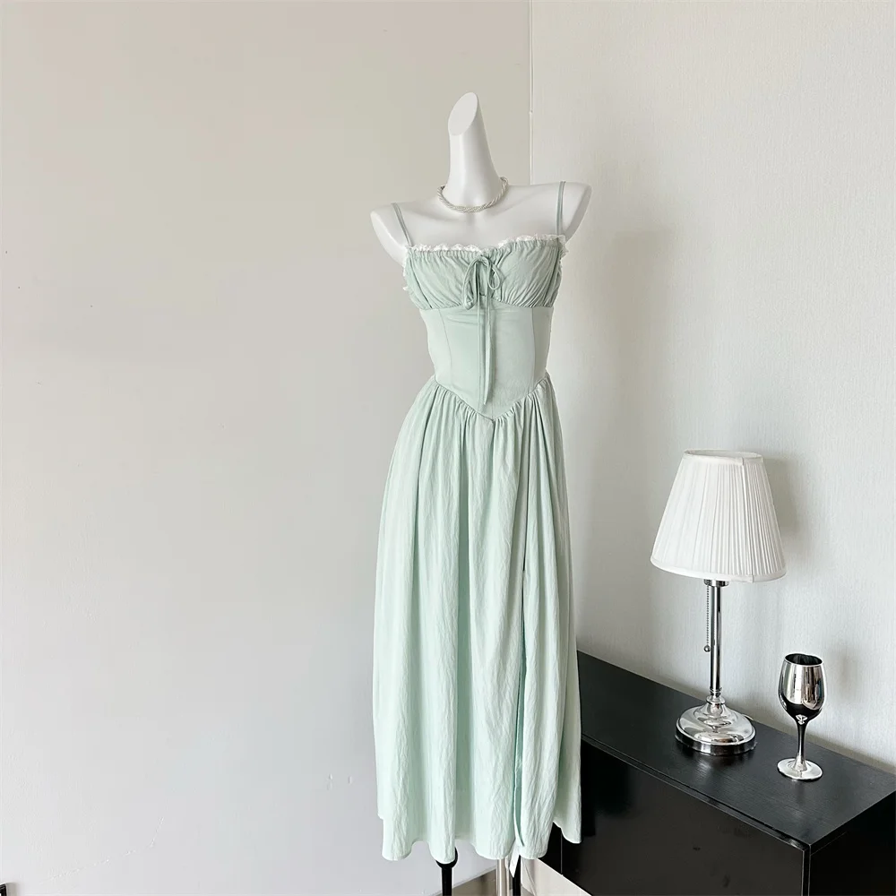 Summer New Spaghetti Strap Backless Midi Dresses for Women Lace-up Sleeveless Beach Style Korean Fashion One Piece Vestido Mujer