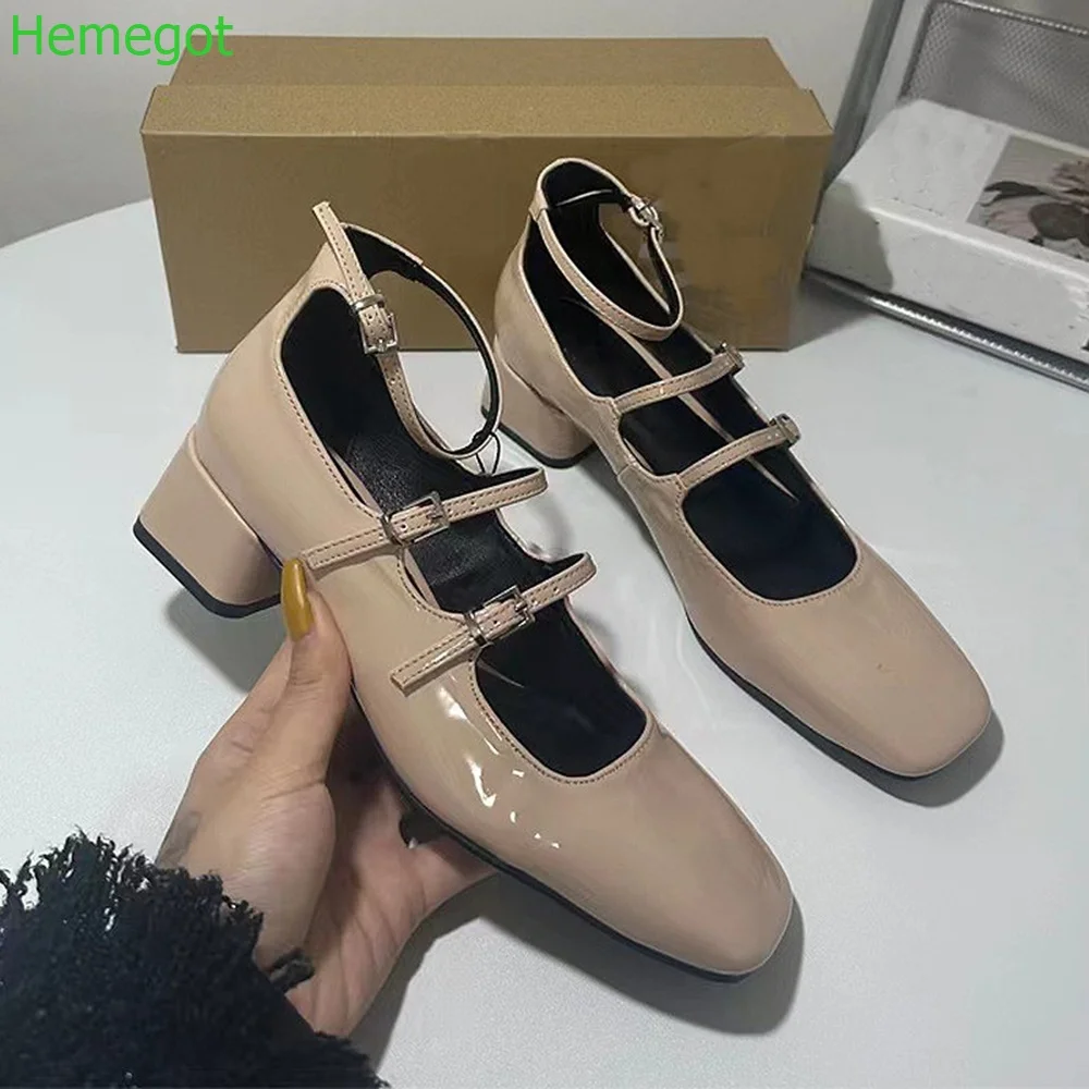 

Square Toe Thick Heel Mary Janes 2024 Casual Shallow Buckle Strap Cover Heel Pumps Spring New Black/nude Pink Fashion Women Shoe