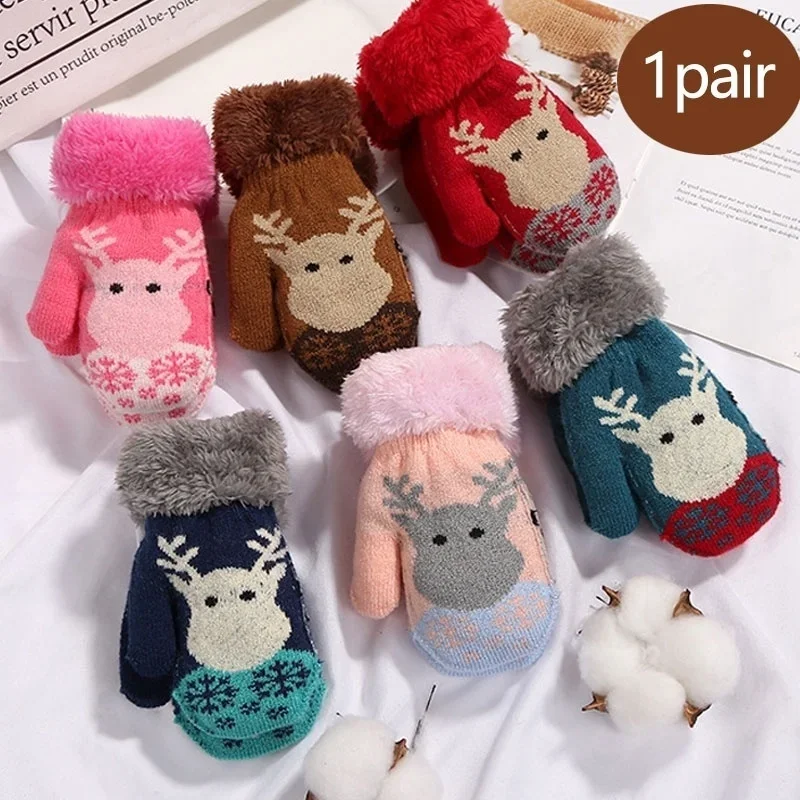 

1pair winter gloves Christmas Elk Deer Knitted Thicken Warm Gloves Full Finger Mittens for 1-3year Old child