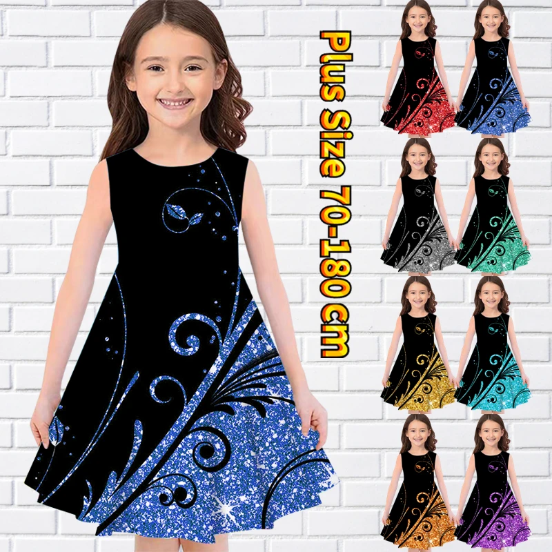 

2022 Summer Splice Print Skirt Little Girl Loose Dress Round Neck Sleeveless Princess Dress Everyday Midi Skirt Princess Dress