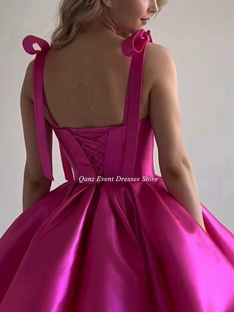 Qanz Short Evening Dresses Prom Gowns Sweetheart Detachable Spaghetti Straps Bow Mini Club Party Dresses Vestidos De Gala women prom dresses
