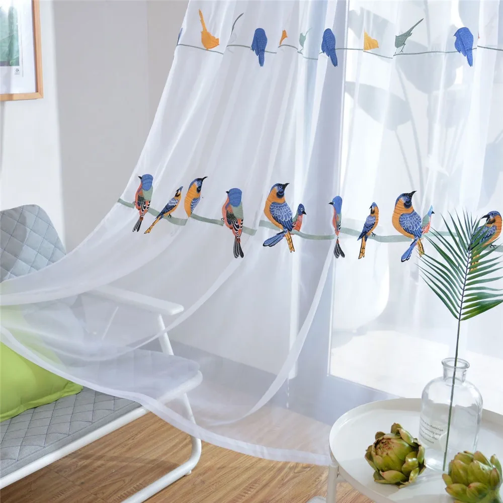 刺繍鳥カーテンリビングルームのためのリネン生地カーテン鳥布白soild