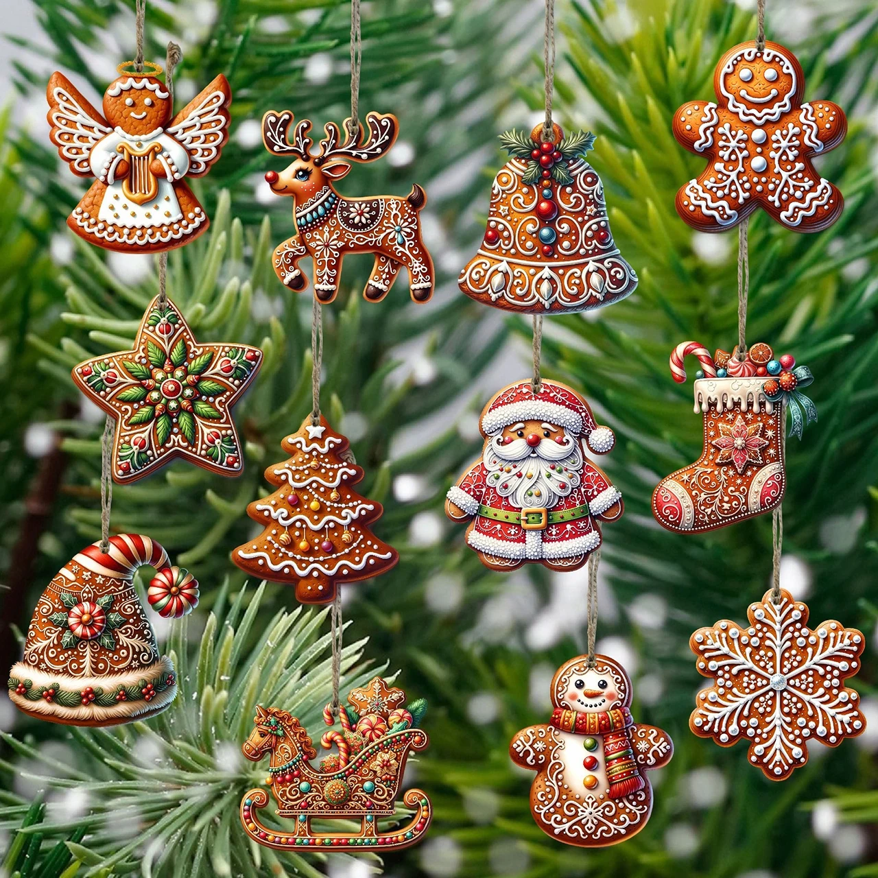 12Pcs Christmas Wooden Pendants Gingerbread Man Santa Claus Xmas Tree Hanging Ornaments Home Party Christmas Decor New Year Gift