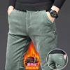 Fashion Fleece Keep Heat Warmth Men's Straight Leg Corduroy Pants Thicken Plus Velvet Casual Trousers Autumn Winter Solid Pants 1