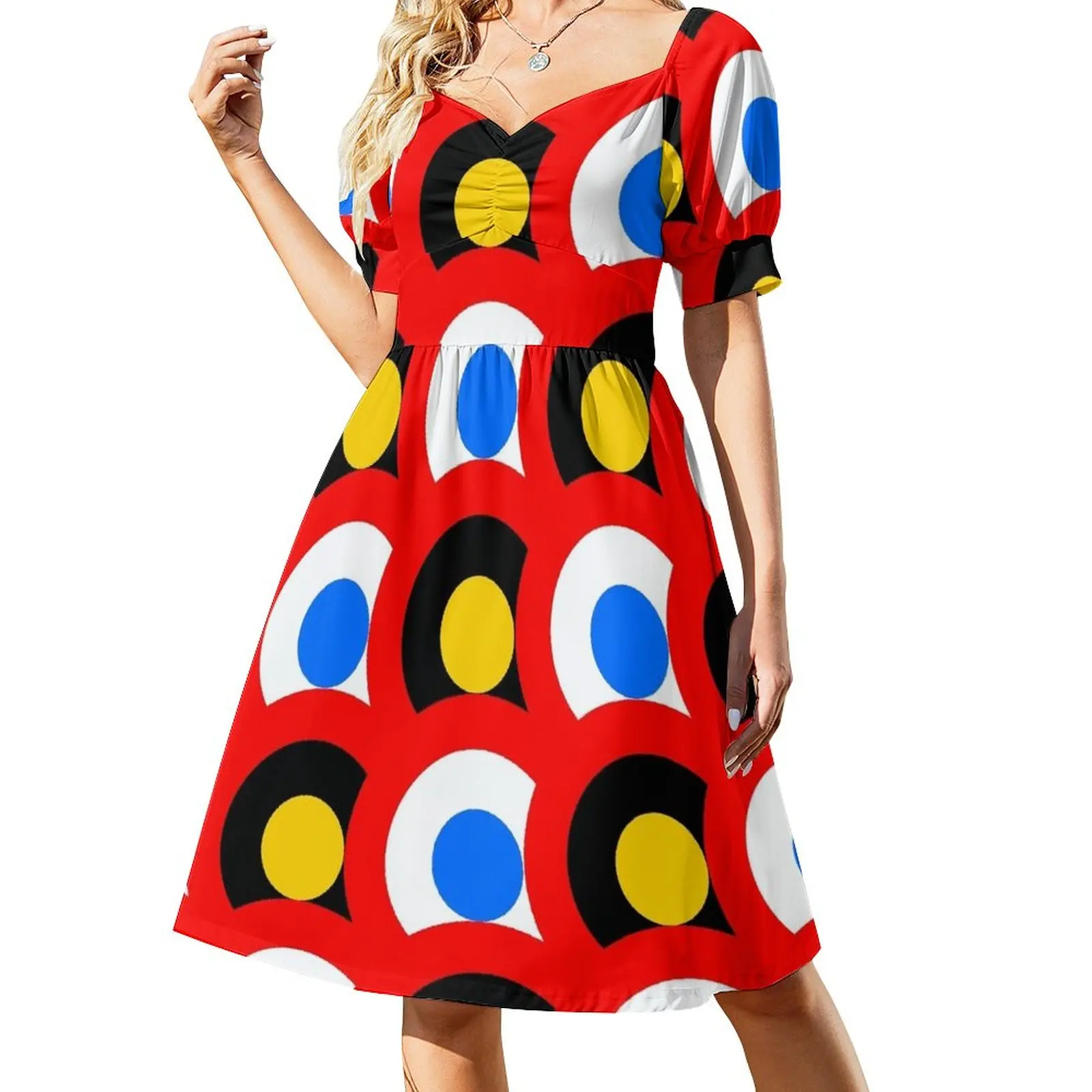 

Модный Круглый монтаж (красные с желтыми и синими пятнами) платье без рукавов Женская одежда элегантные женские комплекты