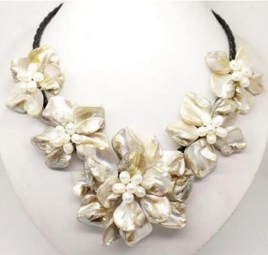 

Free shipping fine jewelry Beautiful Hot sale new StyleStunning Multicolor Freshwater Pearl Sea Shell Flower Leather Necklace