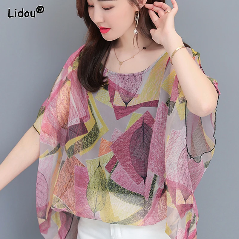 Korean Fashionable Loose Pullovers Fake Two Pieces Blouses Summer Thin Printing Round Neck Chiffon Women's Clothing 2023 Tops