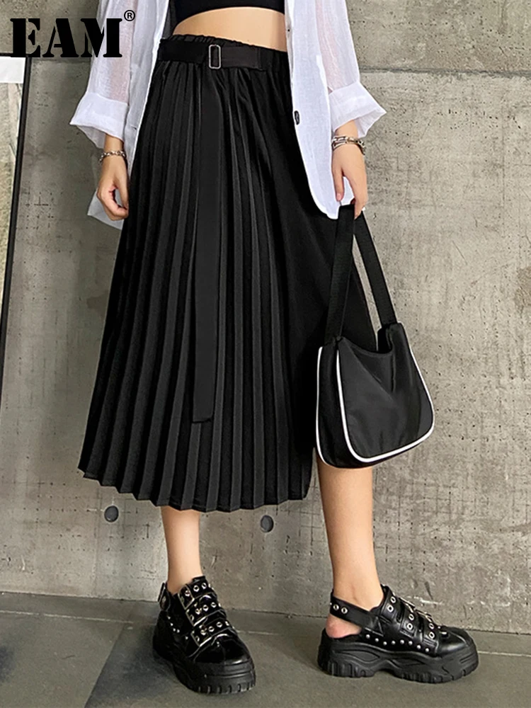 

[EAM] High Elastic Waist Black Irregular Pleated Long Casual Half-body Skirt Women Fashion Tide New Spring Autumn 2024 1DF0673