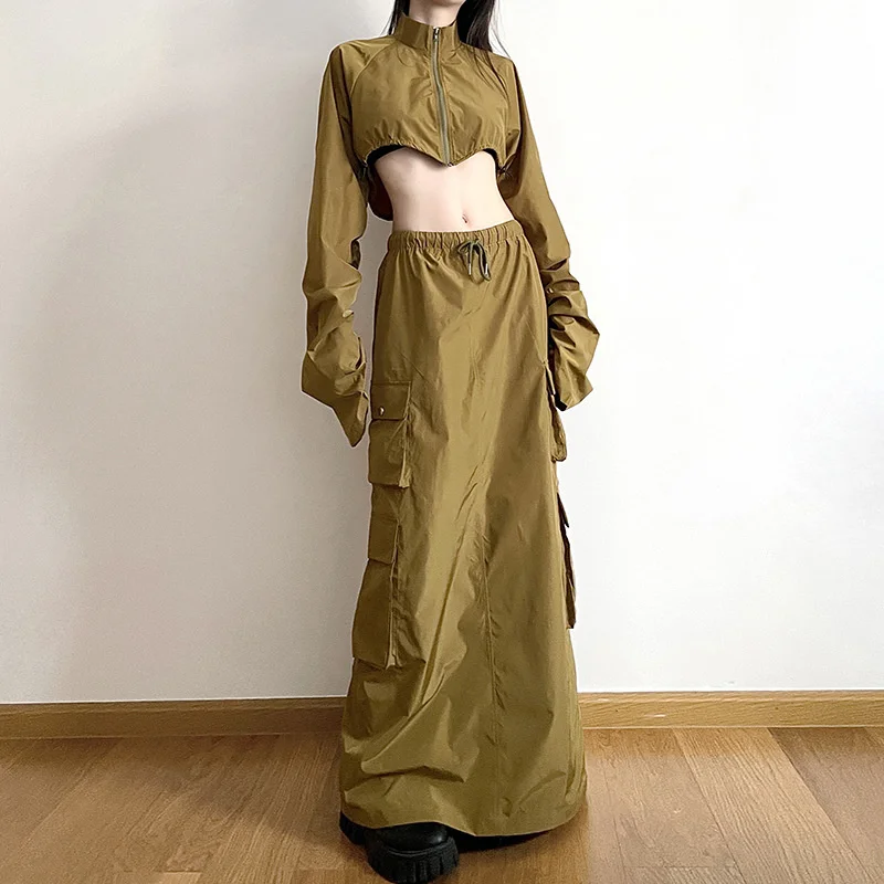 

Cutubly Green 2 Piece Outfits For Women Skirt Sets Fashion INS Long Sleeve Short Coat Shirt And Bodycon Slim Long Skirts Y2k