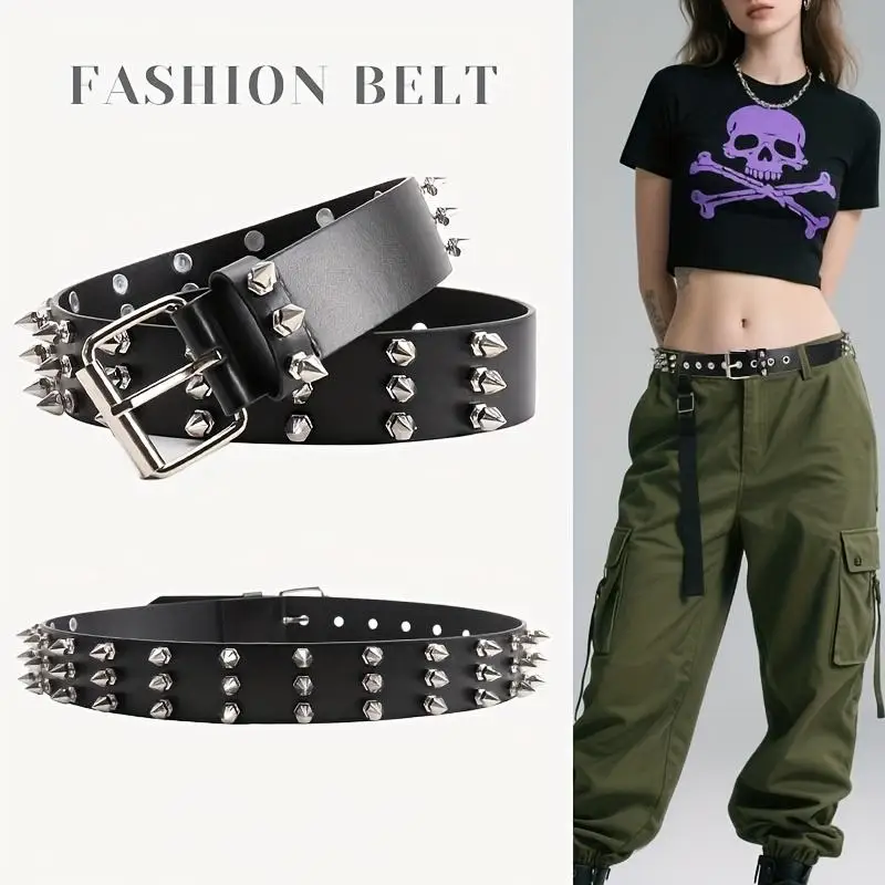 1pc Black Rivet Belt For Women Fashionable Women's Cool Punk Style Rivet Decoration pu Leather Goth Rock Wild Adjustable Belt