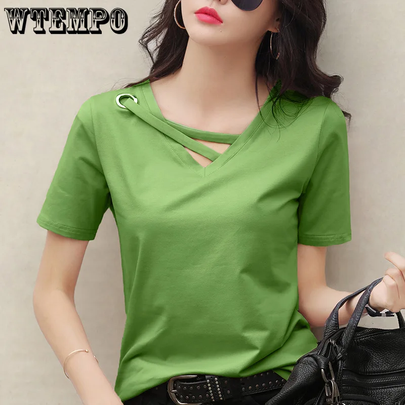 

Short Sleeved Female Summer White T-shirt Female V-neck Loose Black Top Casual T-shirt