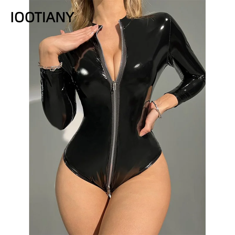 

Sexy Open Crotch Leather Bodysuit For Women Long sleeves Zipper Erotic Below Crotchless Catsuit Lady Shiny Sheath Latex Leotard