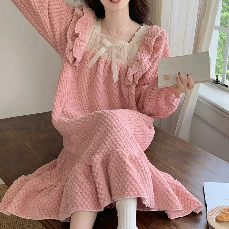 

Fleece Nightgown Lace Sleepwear Womens Ruffles Night Dress One Piece Pajamas Korean Style Winter Knee Length Bow Home Wear