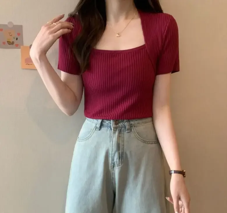 

French retro square neck knitted short sleeved T-shirt for women