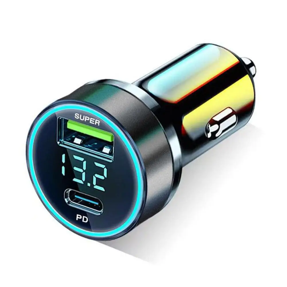Car Charger Super Fast Charge Adapter Type C USB 120W Portable Metal Display Car Charger Resistant To High Temperatu