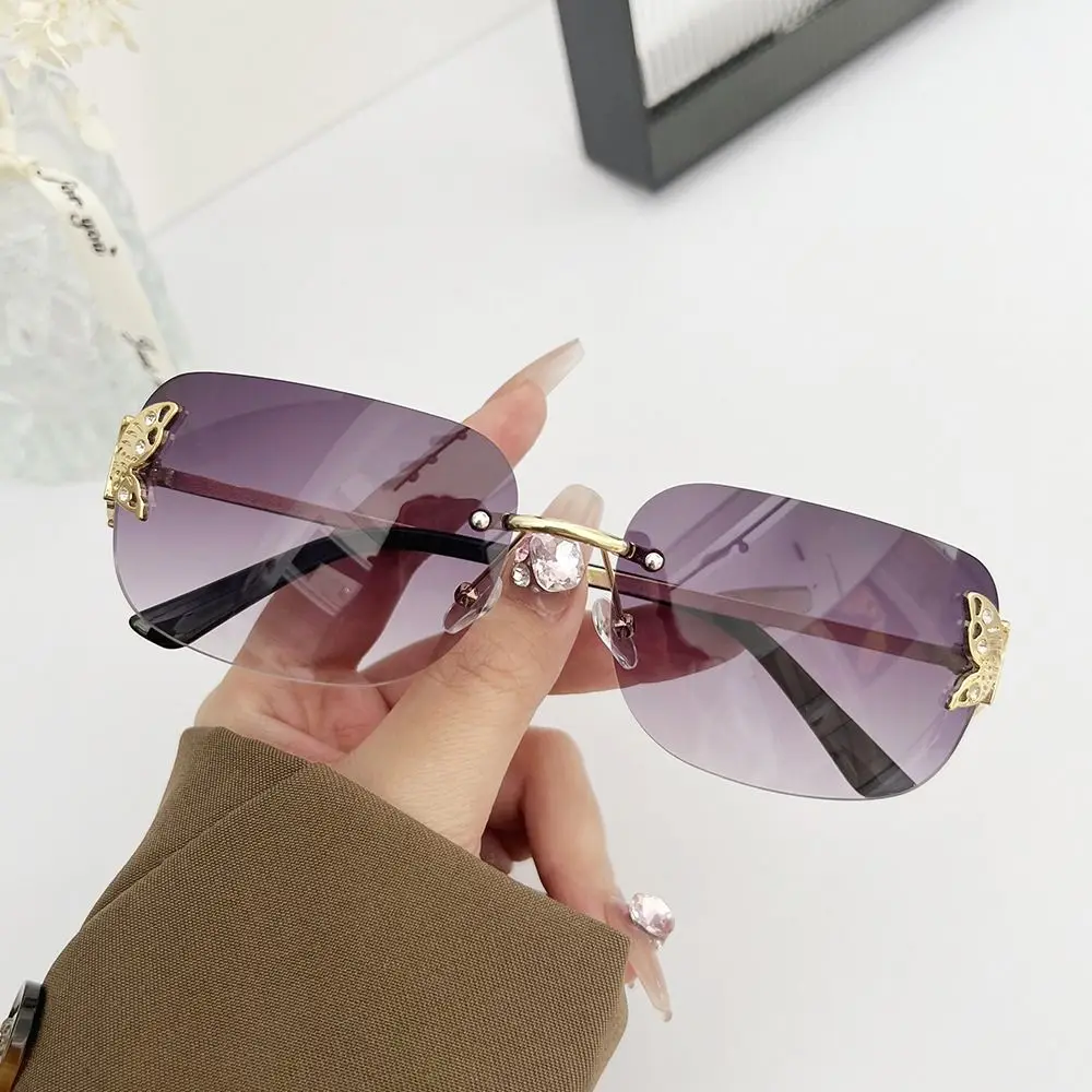 

Rimless Butterfly Sunglasses Fashion Rhinestone Retro Rectangle Sun Glasses UV400 Protection Vintage Shades for Women & Men