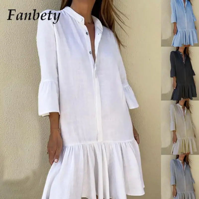 

Summer O-Neck Pure Cotton Linen Commuter Dress Elegant Solid Color Ruffle Hem Dress Fashion Versatile Single-Breasted Mini Dress