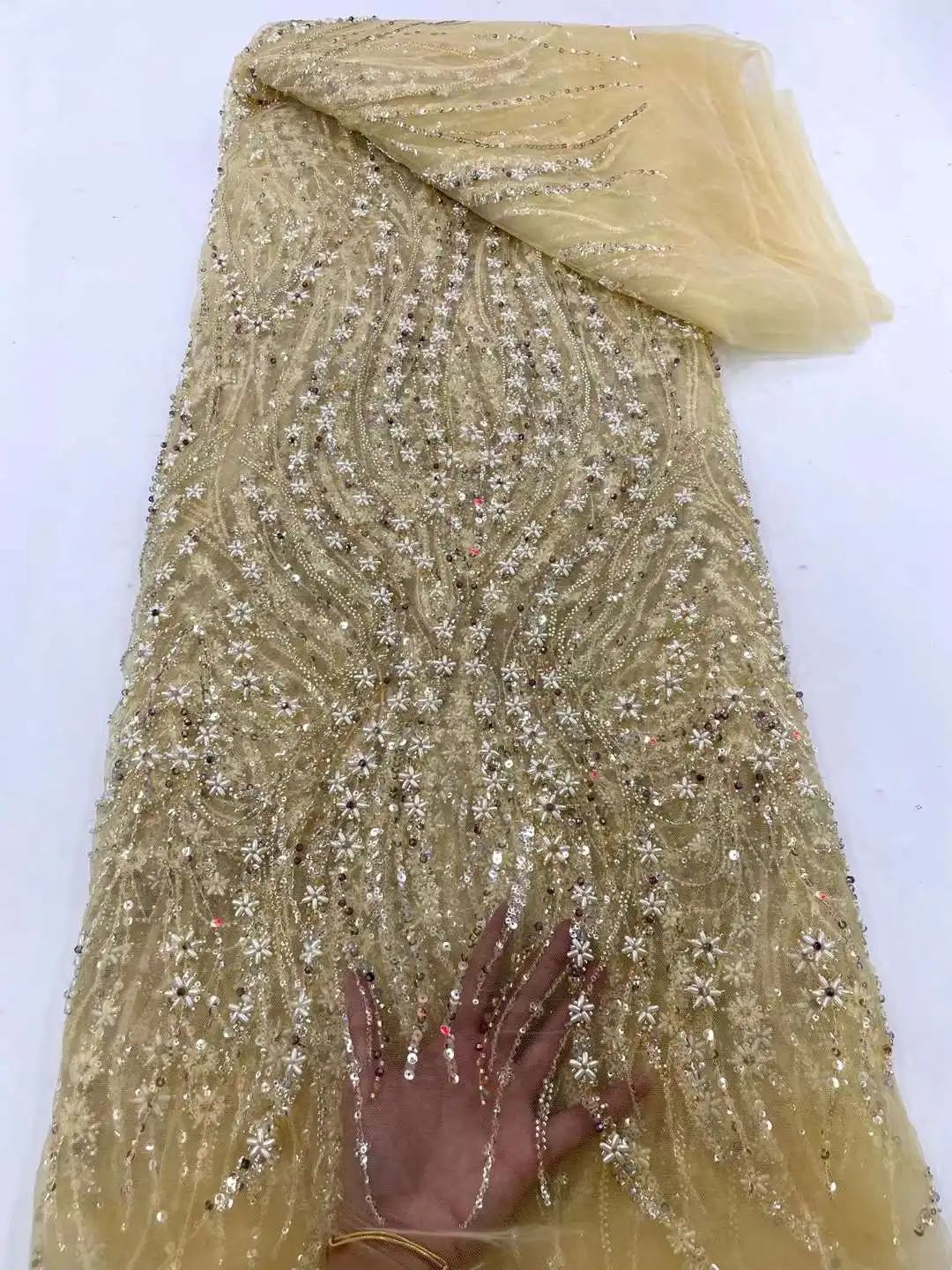 

2023 Fashion Elegant French Embroidery Beaded Lace Fabric African Nigerian With Sequins Fabric For Wedding Dress WS80TY