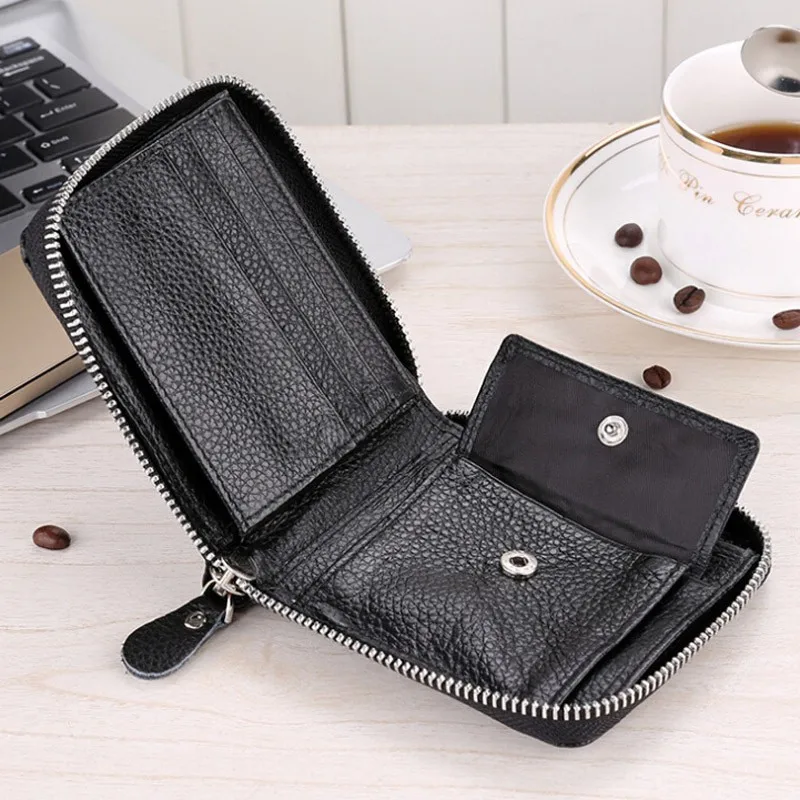

Unisex Genuine Leather Wallet Thrifold Zip Around Pocket Short Wallets Zipper Coin Case Snap man Real Leather Purse Black
