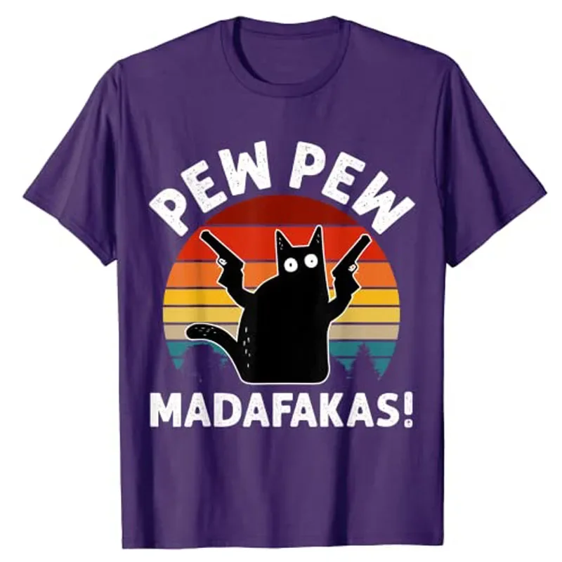 Фото Винтажный Ретро Черный кот Pew Madafakas! Футболка с рисунком в эстетическом стиле, с коротким рукавом №2