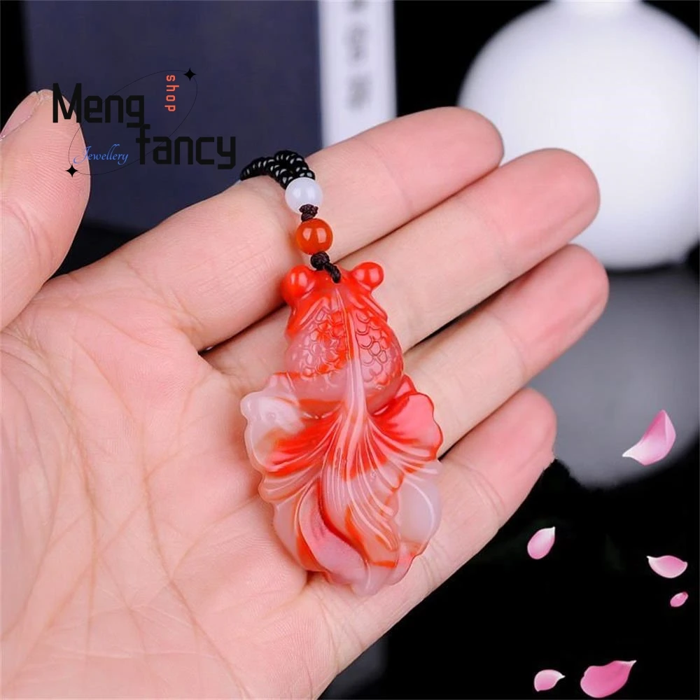 Natural Hetian Colourful Jade Floating Flower Goldfish Koi Pendant Jewelry Handicraft Holiday Gift