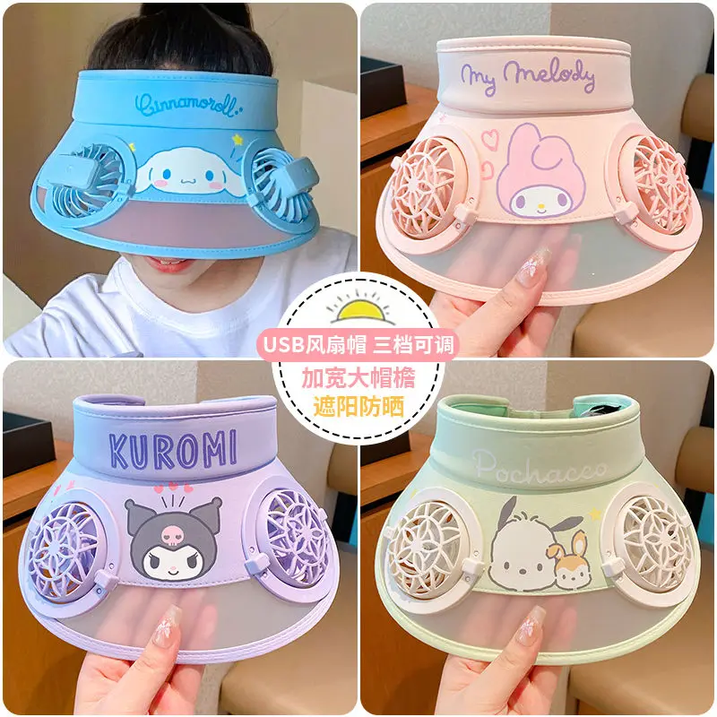 시나모롤 헬로 키티 애니메이션 카와이 산리오 선풍기 모자 자외선 차단 귀여운 쿠로미 USB 충전식 어린이 선캡 쿨러, 어린이 장난감