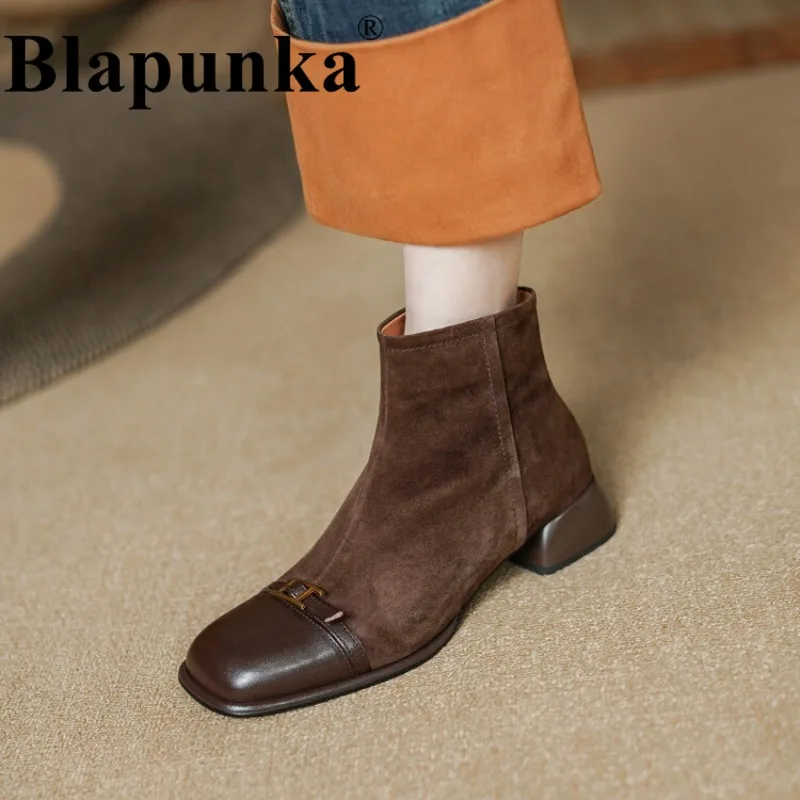 

Blapunka Women Kid Suede Boots Designer Metal Belt Buckle Cow Leather Patchwork Zipper Boots Woman Retro Square Toe Winter Shoes