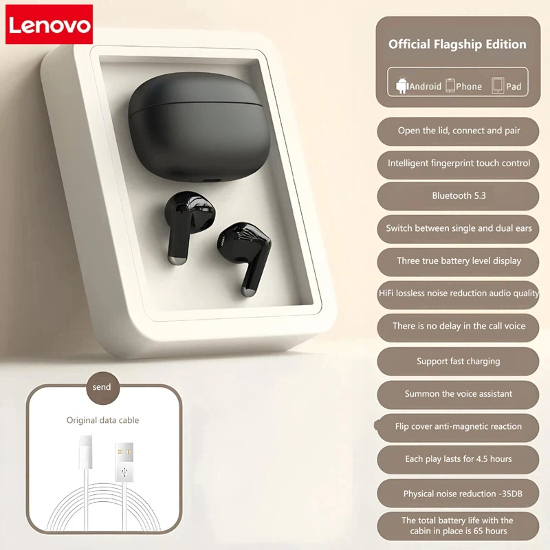 Lenovo – casque d'écoute sans fil Bluetooth, Design élégant, qualité sonore supérieure, longue durée de vie de la batterie, ajustement confortable pour les écoles toute la journée