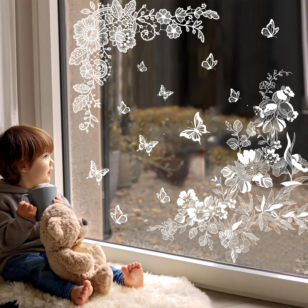 Elegant White Flower and Butterfly Lace Static Cling Window Decals