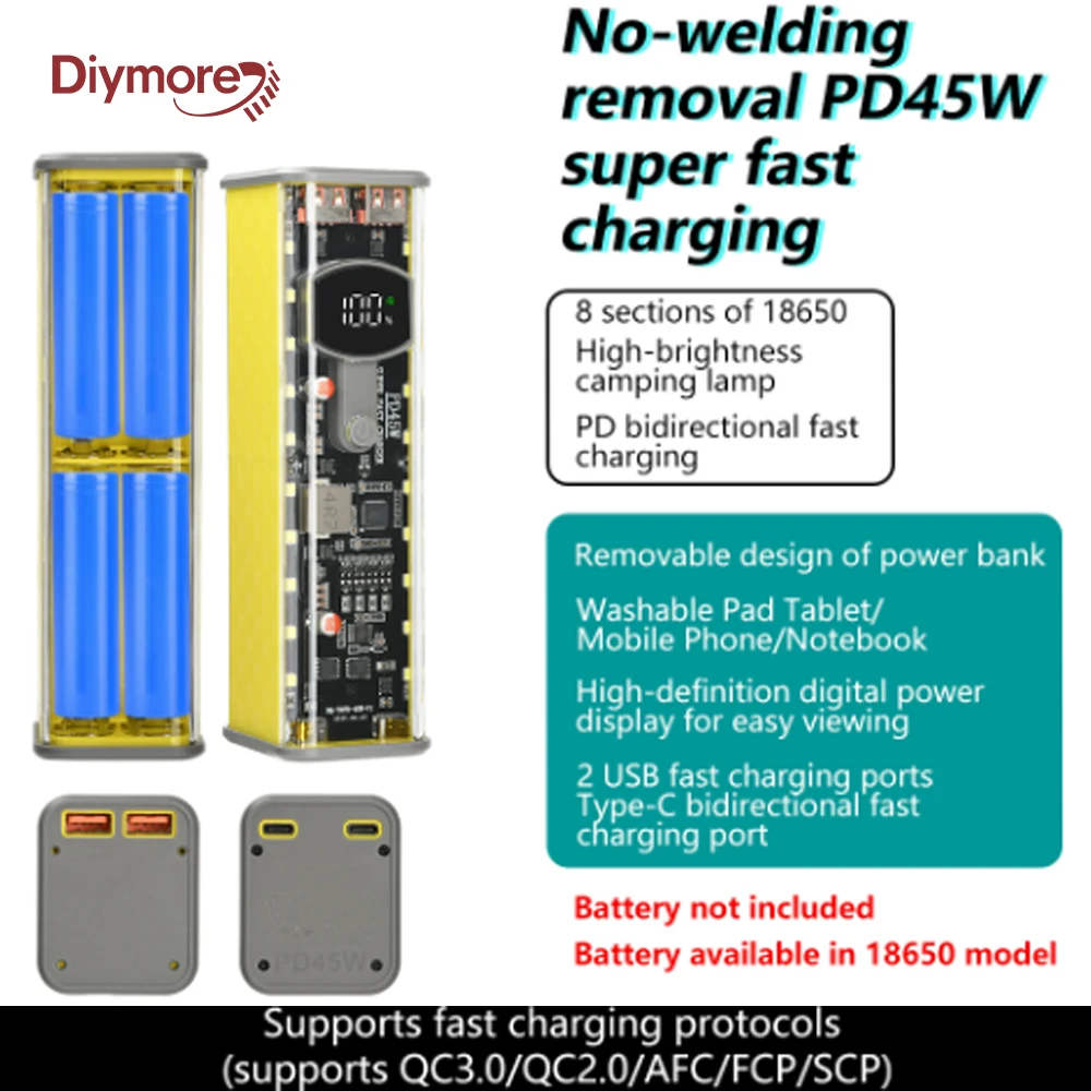 PD 45W Transparent Rapid-Charging Battery Case with Built-in Outdoor Light