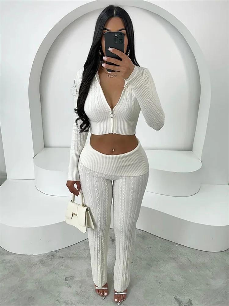 Wmstar New 2 Piece Sets Women Clothing Pants Sets Casual Solid Color Knitted Long Sleeved Two-piece Set Wholesale Dropshipping