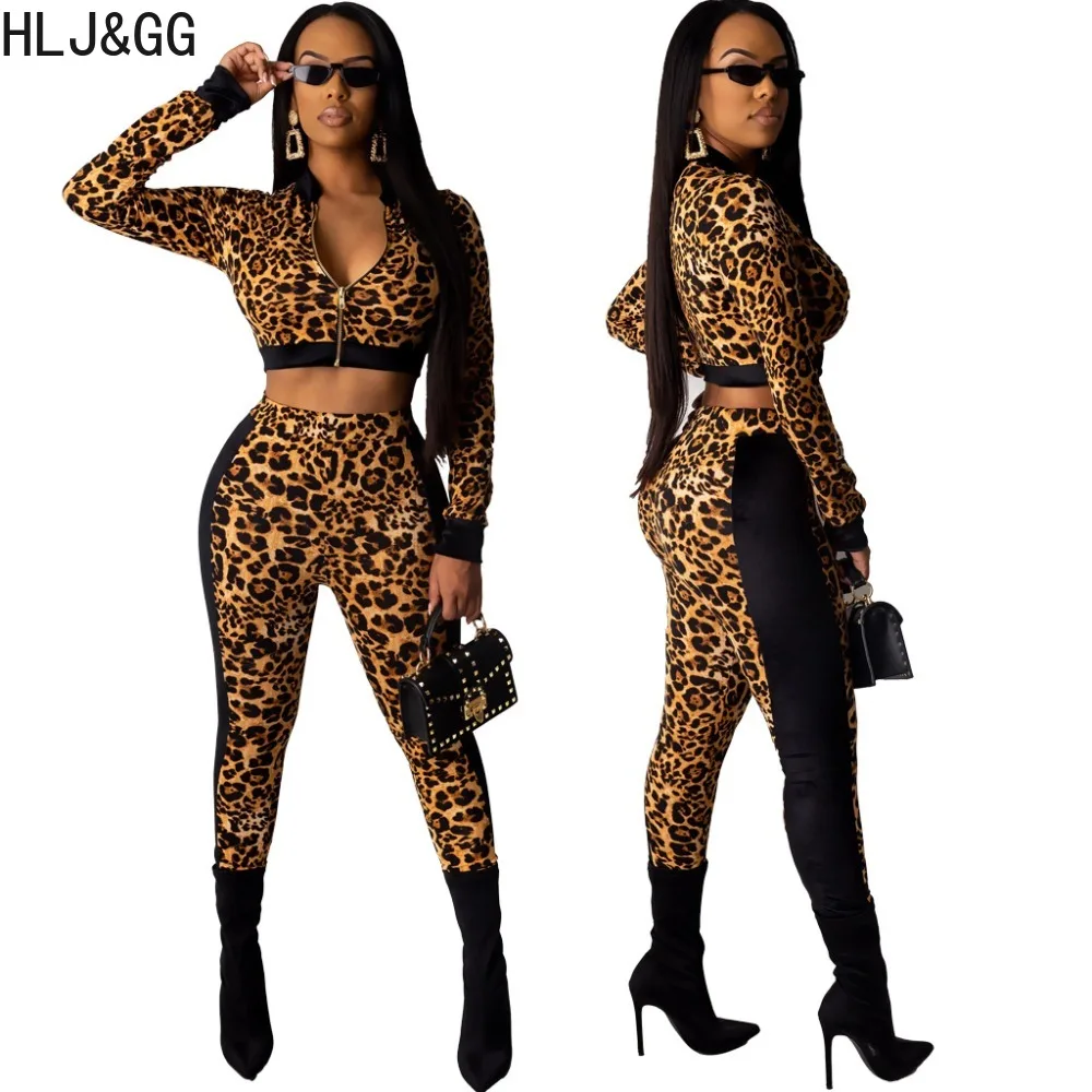 HLJ&GG Leopard Patchwork Track Suits for Women 2 Piece Jogging Slim Fit Zipper Long Sleeve Jacket Coat High Waist Pants Sets custom jogging suit two piece jumper short set men clothing fleece mens sweatsuit sets sweat gym athletic track suit shorts set