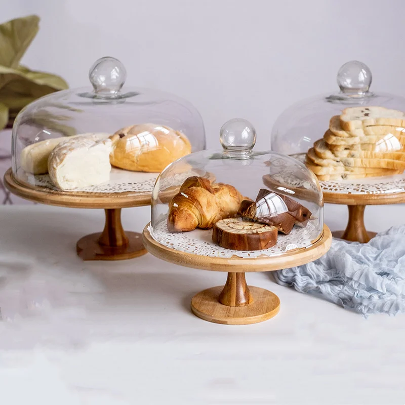

Вращающийся поднос для торта со стеклянной крышкой, деревянная подставка с крышкой для торта, хлеба, дегустации фруктов, подставка для демонстрации десертов